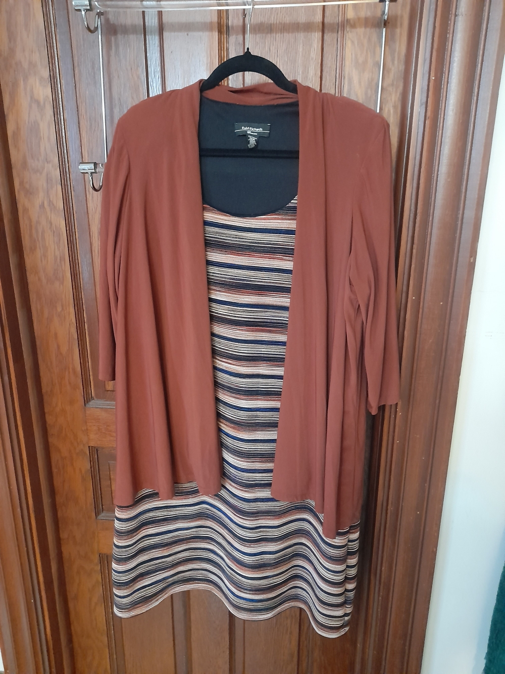 R&M Richards Rust Open Cardigan with Striped Knit Dress